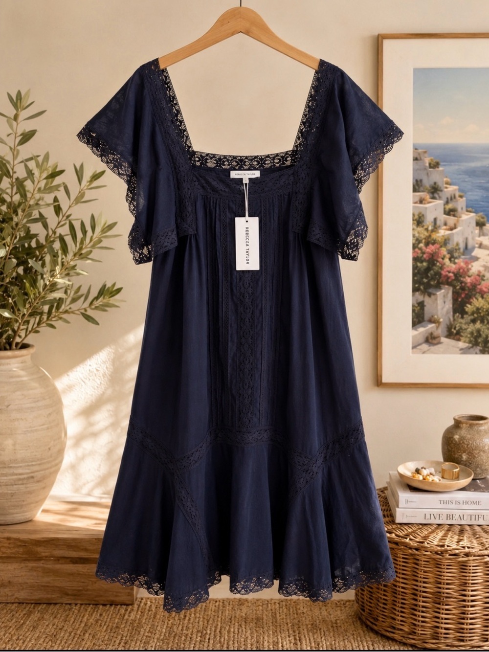 Rebecca Taylor Navy Cotton Lace Trim Pintuck Flutter Sleeve Midi Dress -NWT